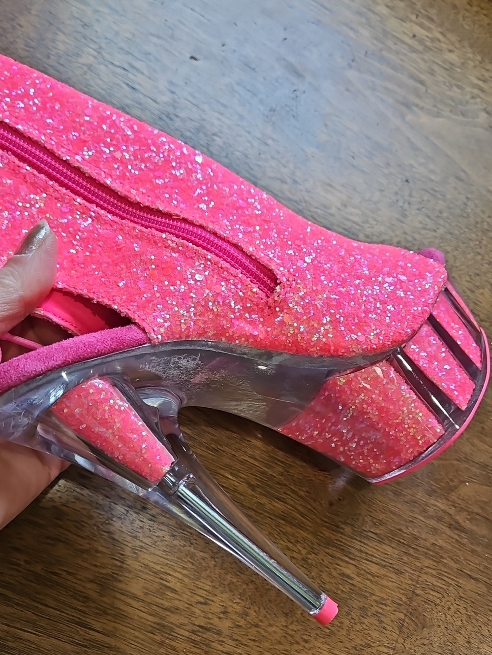 Pleaser Hot Pink Glitter Lace-Up Platform Stiletto Booties - Picture 9 of 14